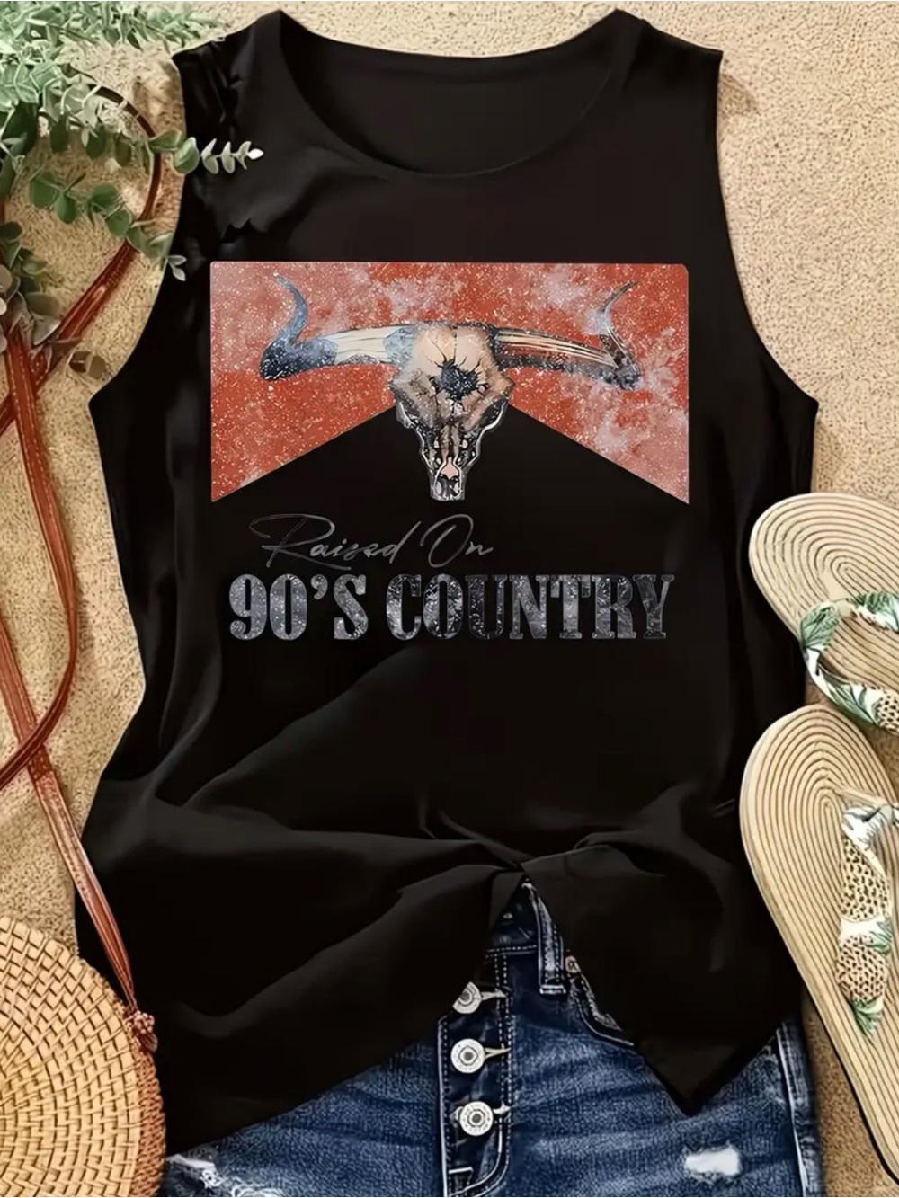 Western Tank Raised On 90's Country Black Graphic Tank Top